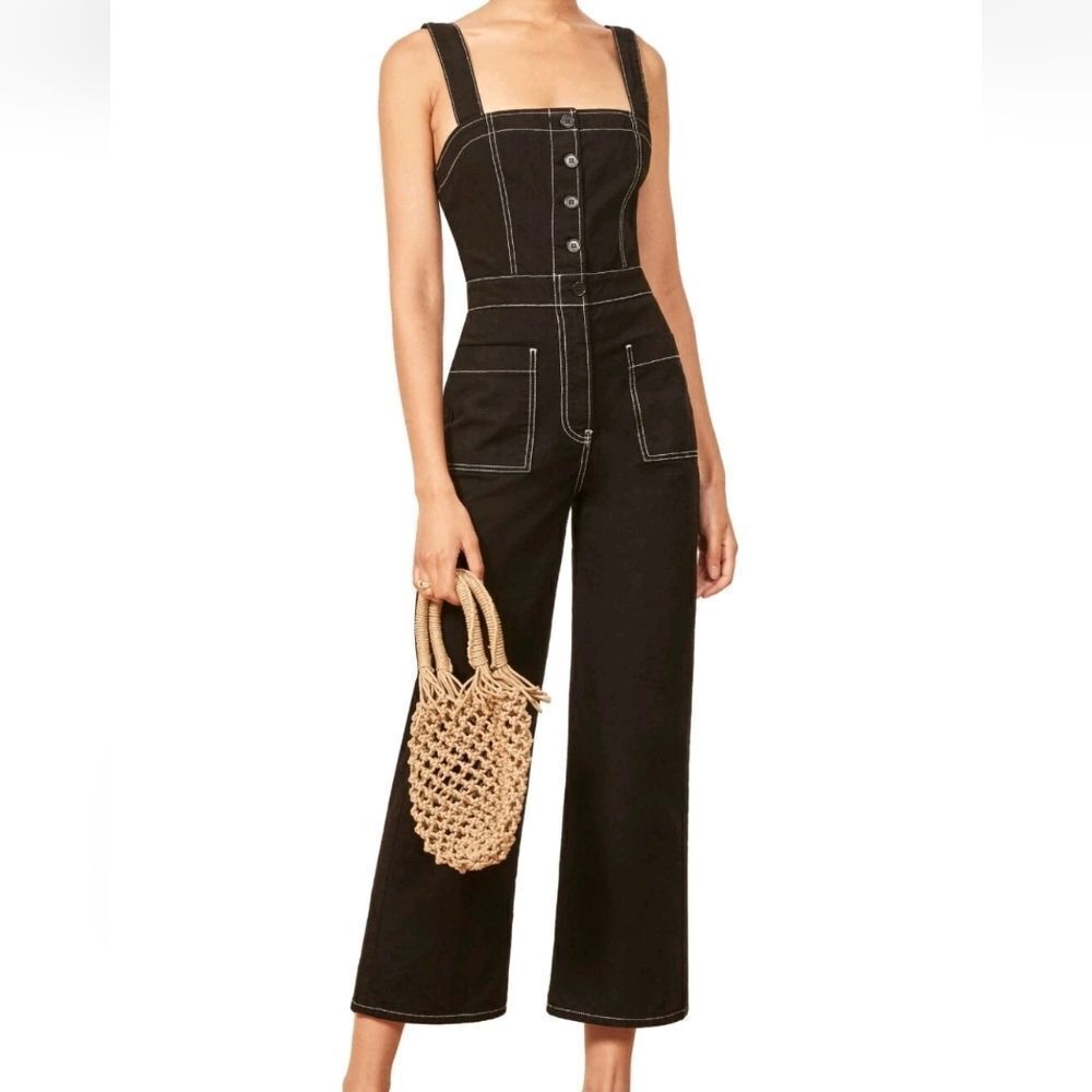 REFORMATION Black White Square Amory Top Stitching Overalls